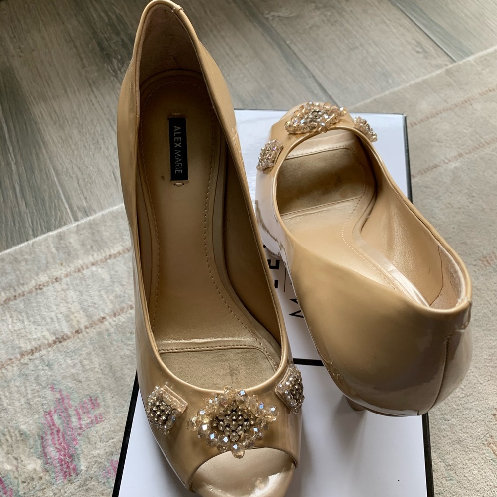 Beige Jeweled peep toe heels